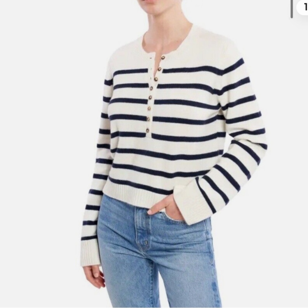 La Ligne White and Navy Striped cashmere boxy Sweater